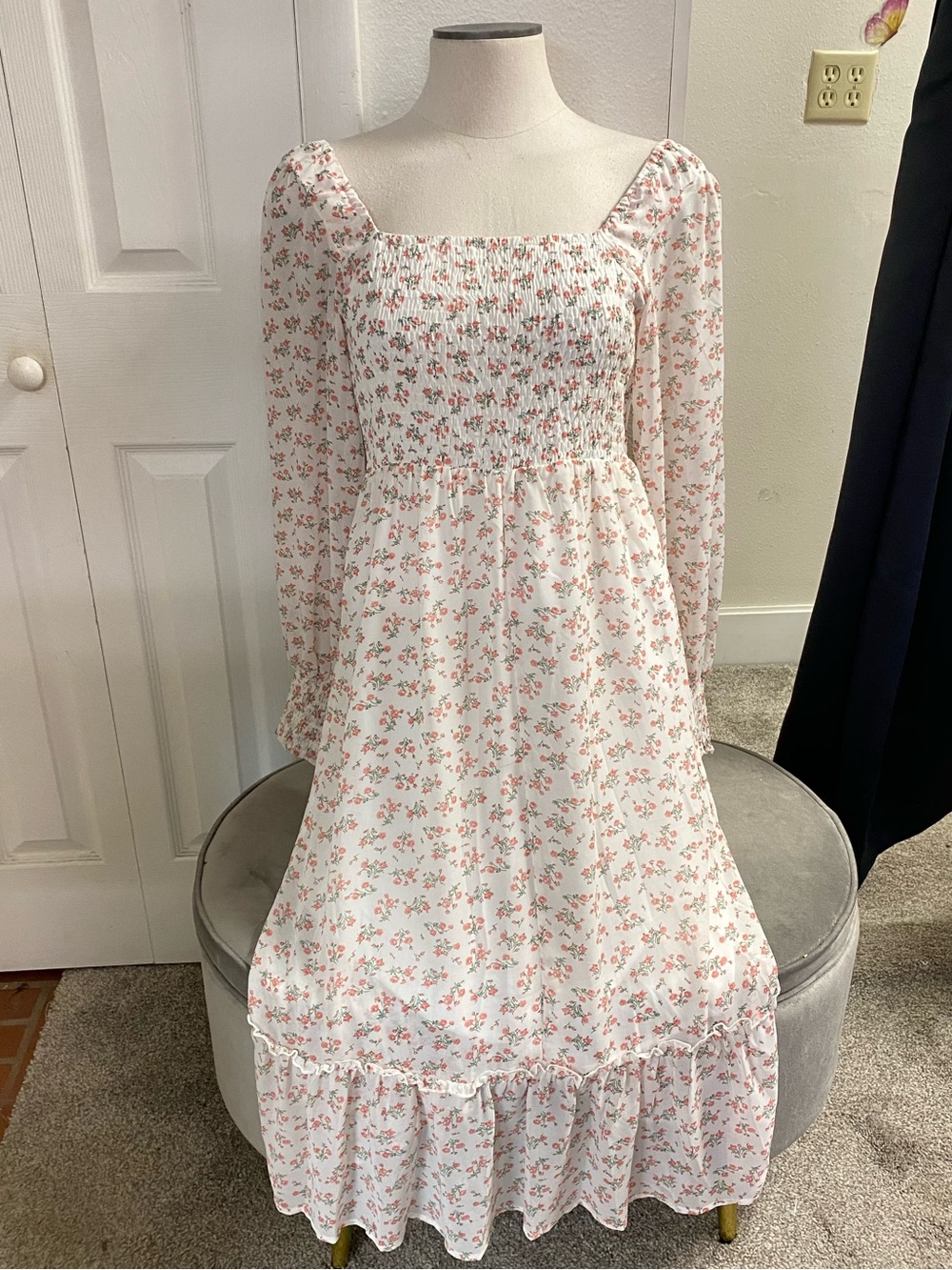 Smocked Square-Neck Long Sleeve Midi Dress in White with Pink Floral